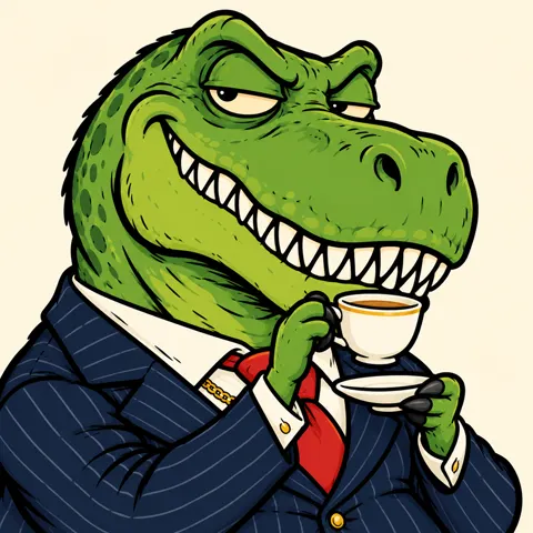 Smug Ponzisaurus grinning over a cup of coffee