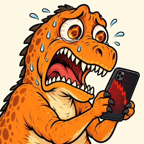 Panicking dinosaur with meteors reflected in his eyes, clutching a phone