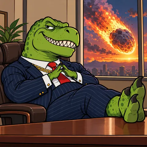 Ponzisaurus leaning back in his office chair, smug, meteor outside the window.