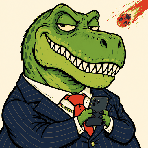 Smug green T-rex in a pinstripe suit, holding his phone